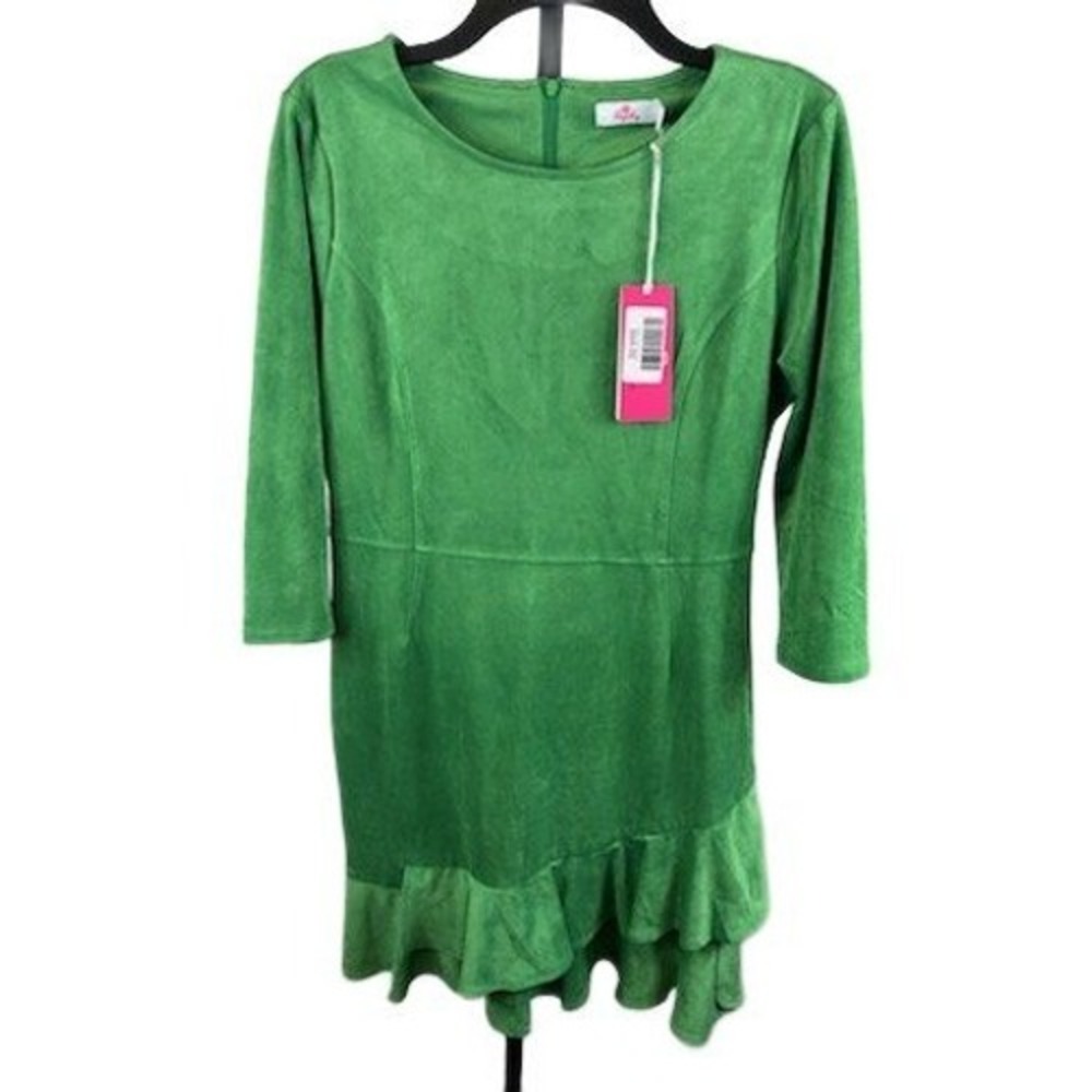 New Aryeh Green UltraSuede Tiered Ruffle Hem Long Sleeve Mini Dress Size Large